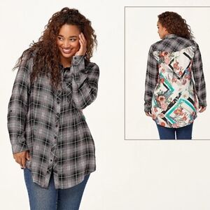 Tolani Collection Plaid Tunic Print Back, Black White Plaid Floral Geometric, S